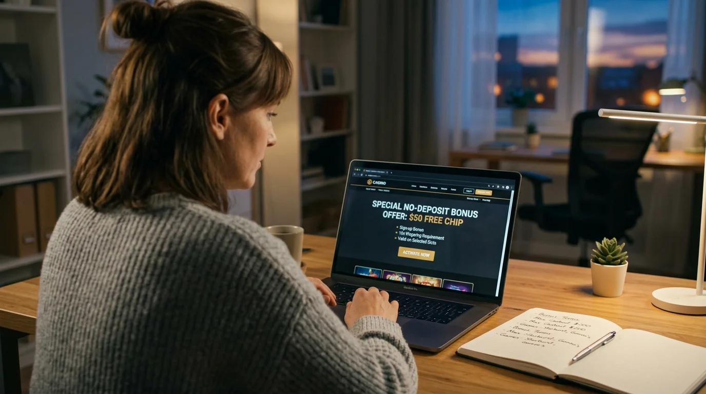Player thoughtfully reviewing a no-deposit bonus offer on a laptop in a quiet evening home office