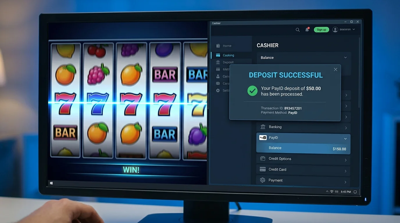 Online pokie game window beside a casino cashier showing a confirmed PayID transfer