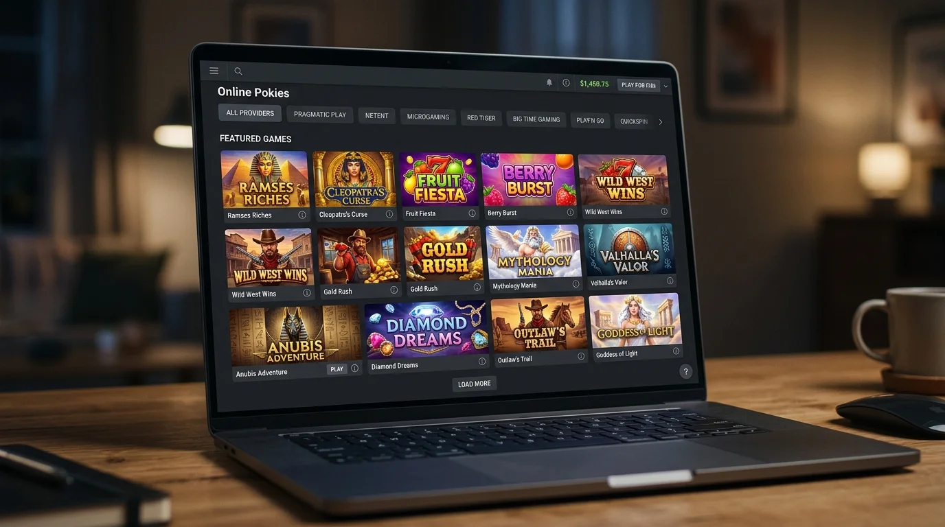 Online casino pokies lobby grid with thumbnails from leading providers like RTG, Pragmatic Play and Nolimit City