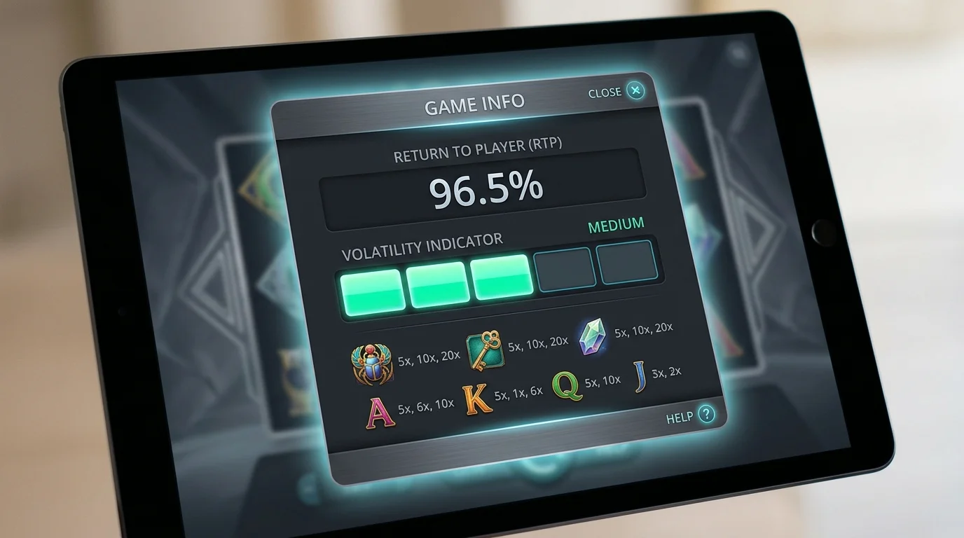 Pokie info panel showing RTP percentage and a five-bar volatility indicator on a slot game screen