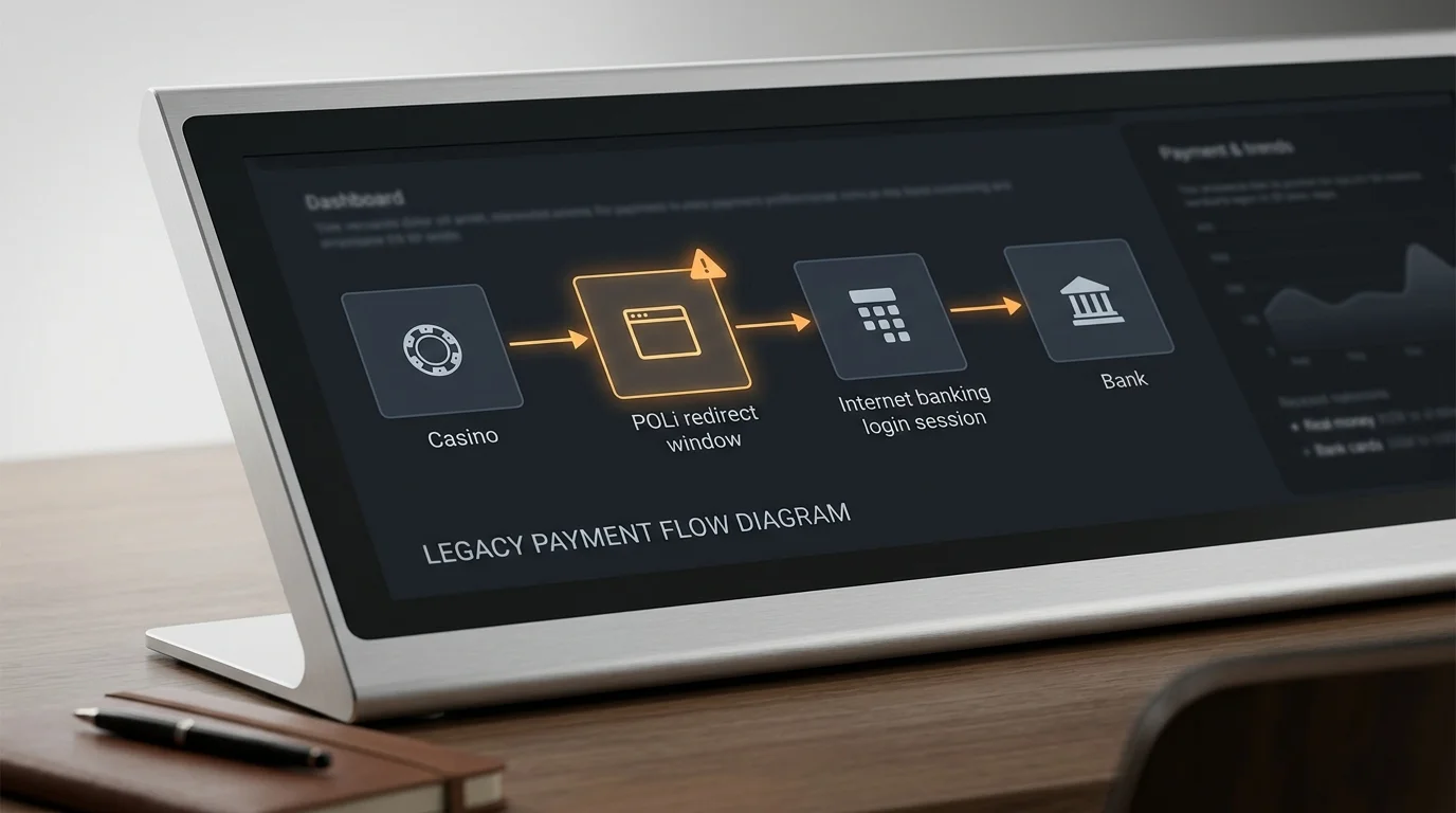 Diagram of the legacy POLi screen-scraping redirect flow that connected online casinos to Australian banking sessions
