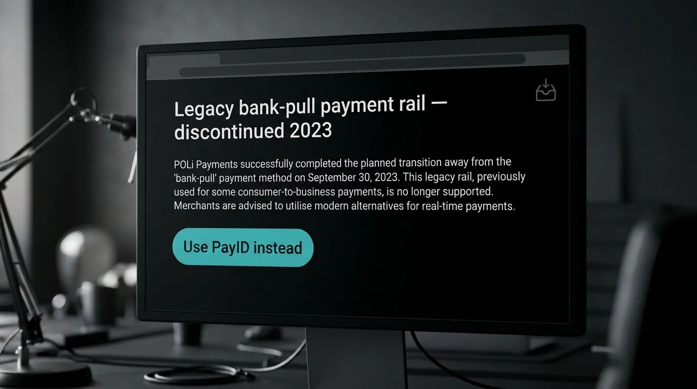 Legacy bank-pull payment rail shutdown notice with PayID as replacement option