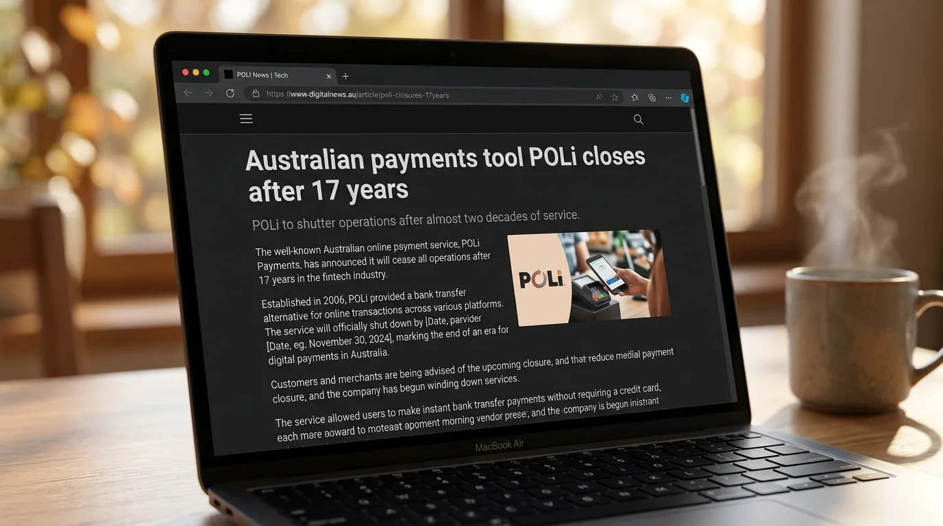 News article headline about POLi payment service shutting down displayed on a laptop screen in dark mode