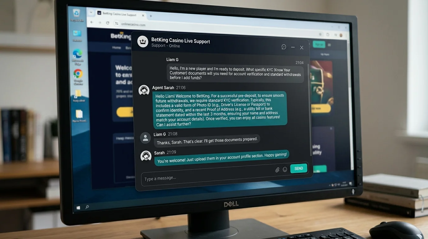 Pre-deposit live chat enquiry about KYC requirements being answered clearly by a casino support agent
