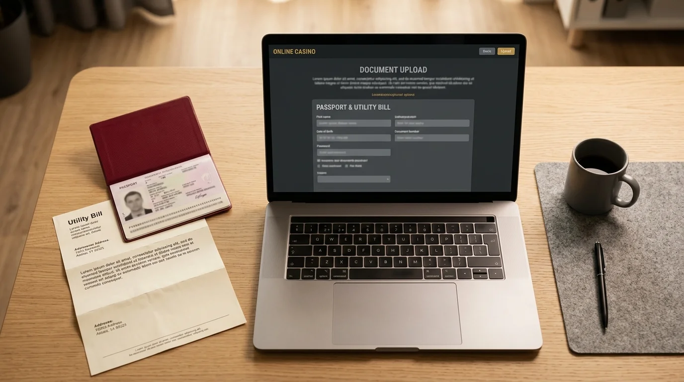 Tidy desk view with a passport, utility bill and laptop showing a casino KYC upload page in preparation