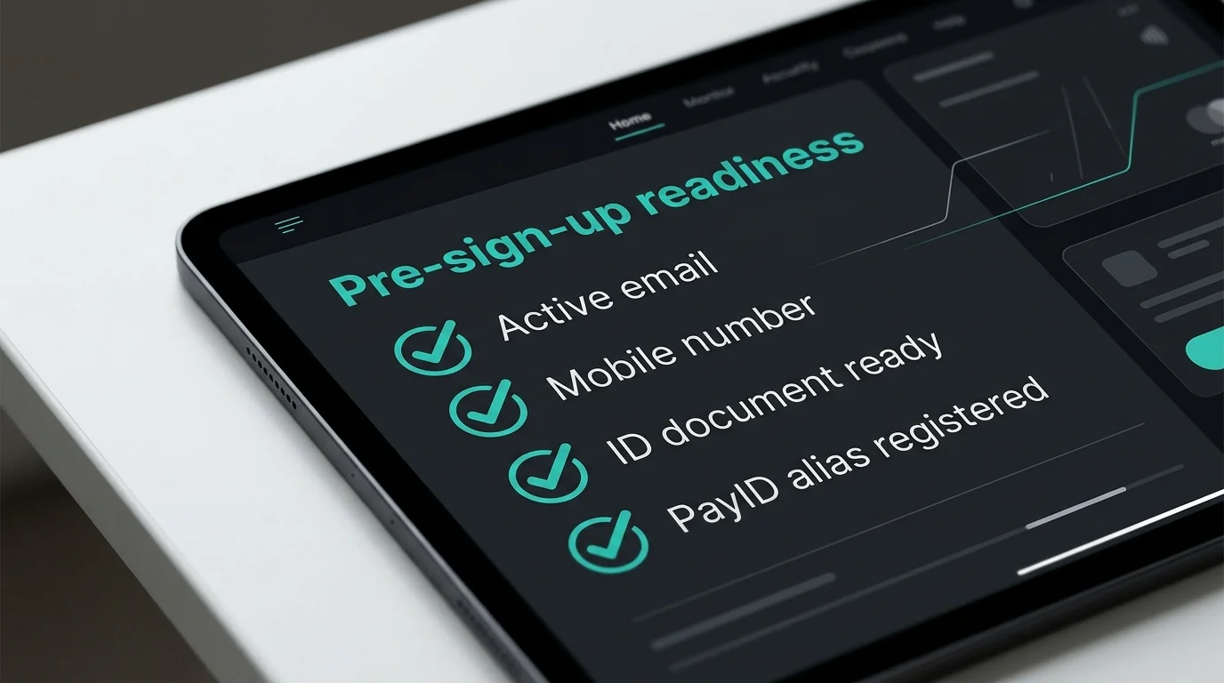 Pre-sign-up readiness checklist with items like email mailbox access, ID document and PayID alias on a dark dashboard