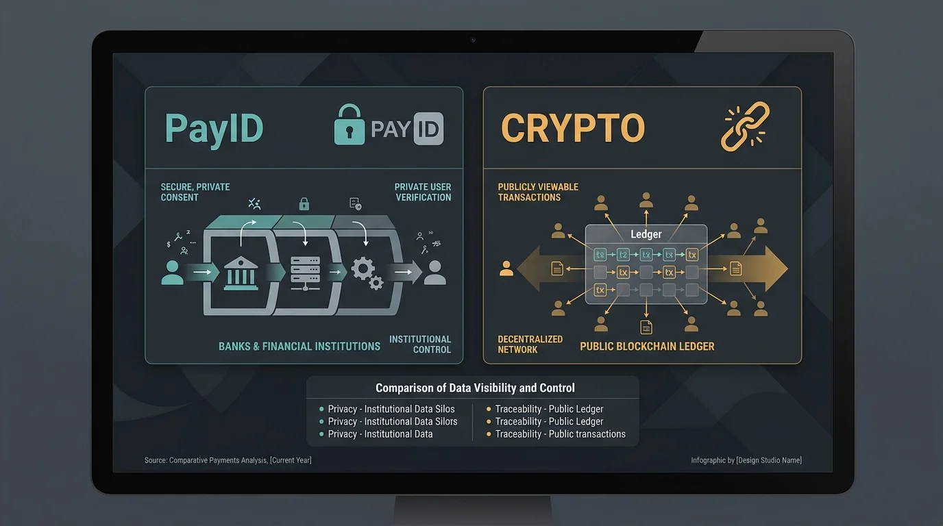 Comparison panel showing institutional traceability of PayID against public on-chain visibility of crypto on a dark dashboard