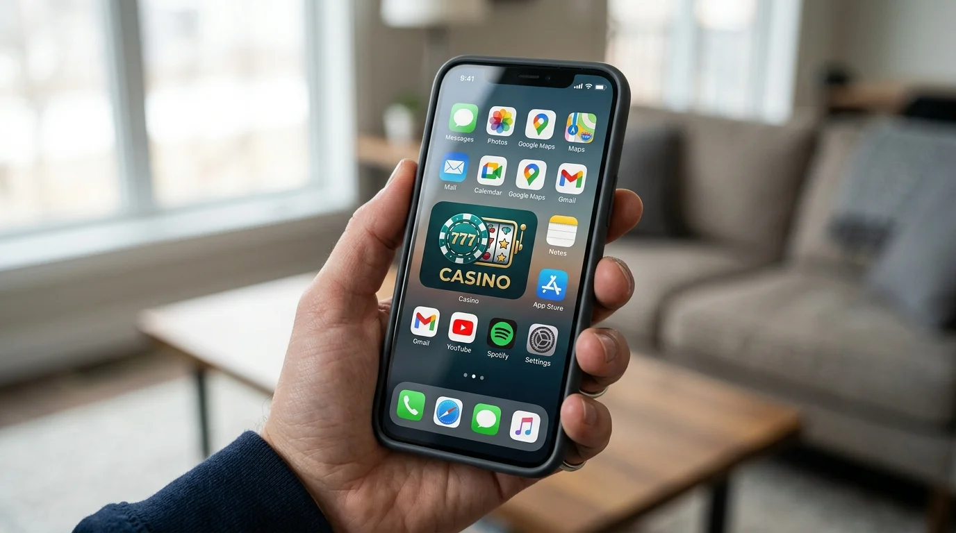 Casino progressive web app icon pinned to a smartphone home screen alongside banking and messaging apps