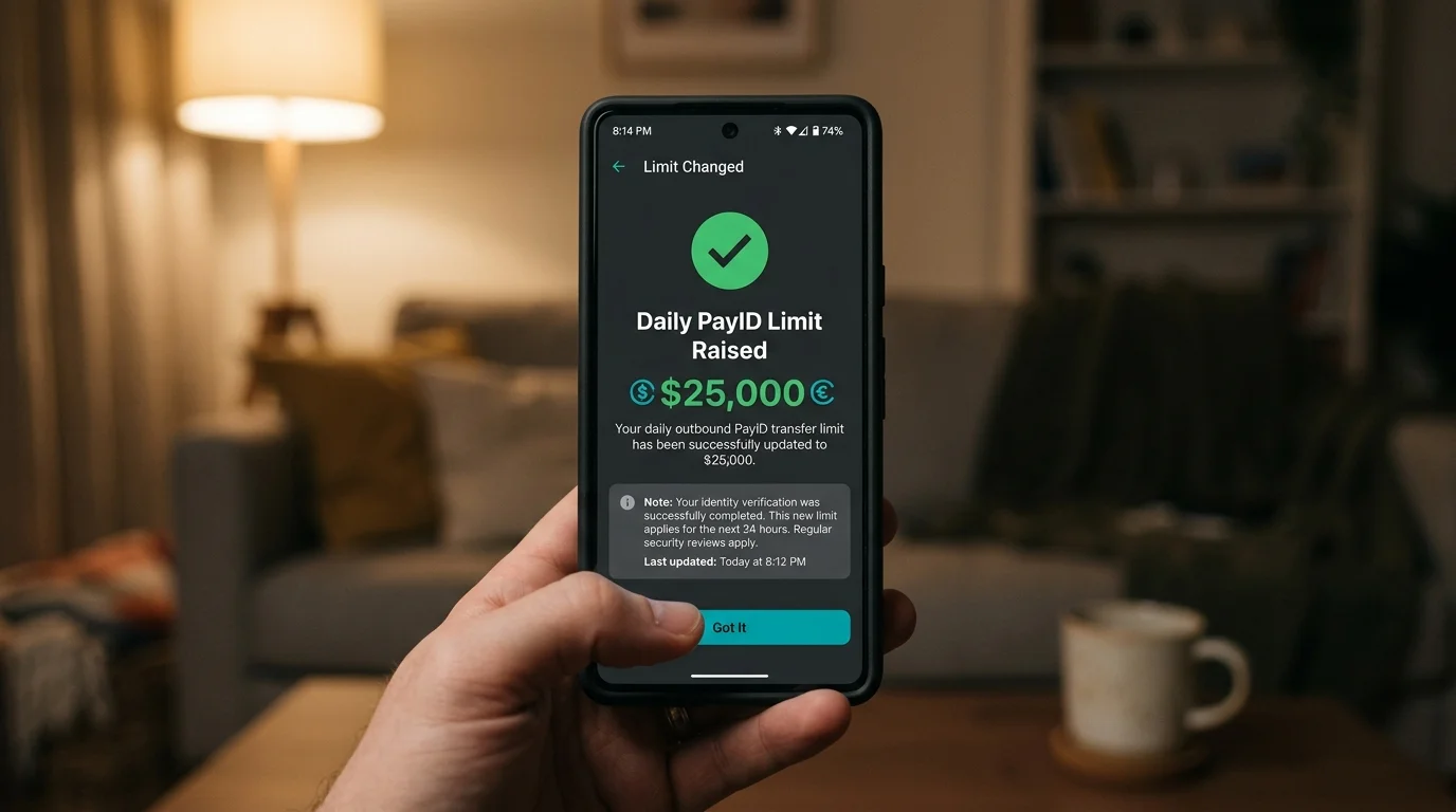 Banking app screen confirming a raised daily PayID limit suitable for high-roller transfers on a smartphone