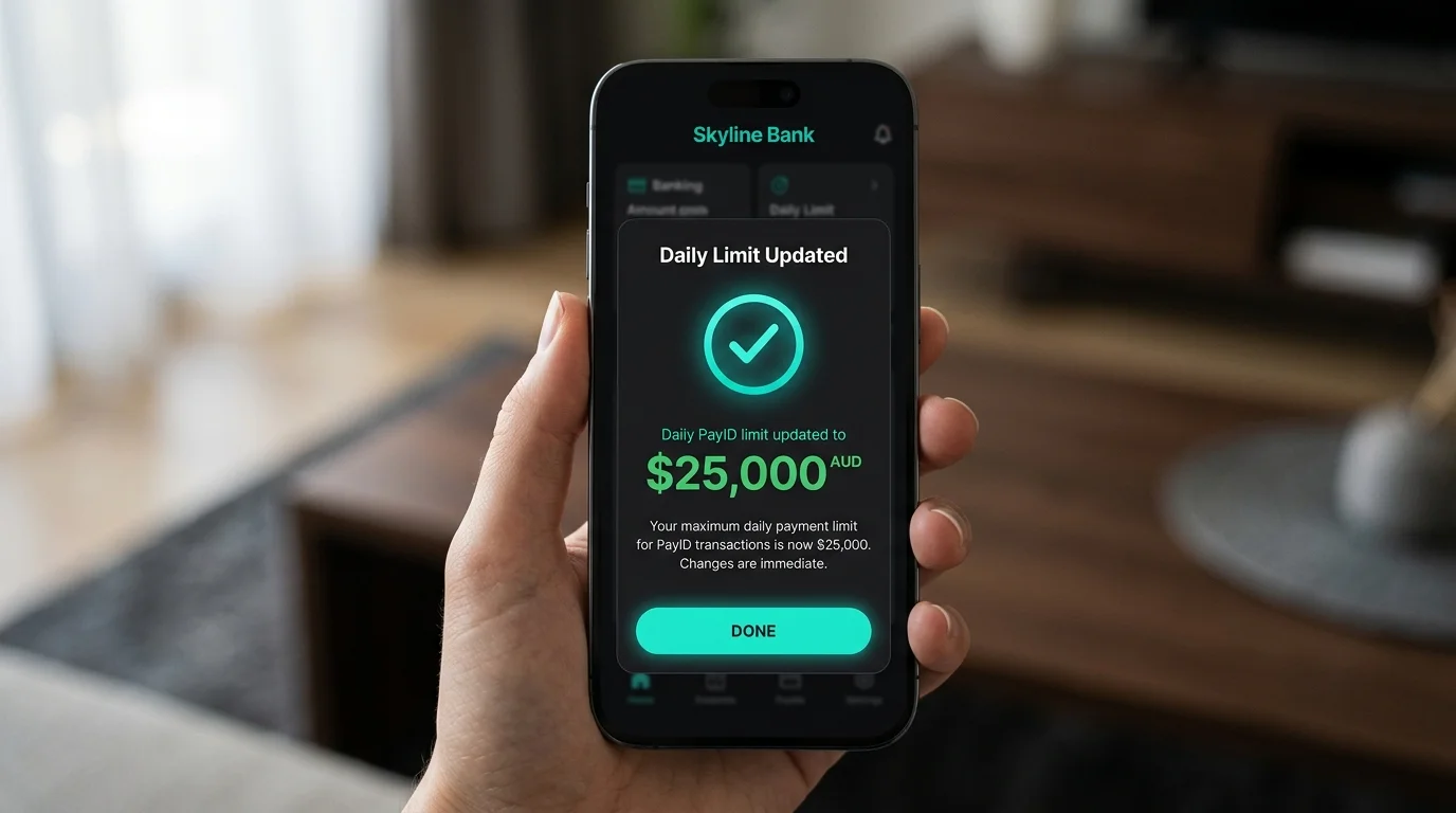 Step-by-step view of a banking app accepting a higher daily PayID limit with a confirmation prompt