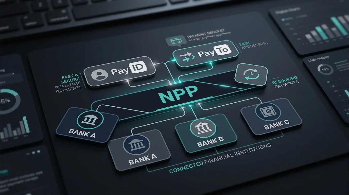 Generic Reserve Bank-style payments framework infographic showing PayID inside the New Payments Platform stack