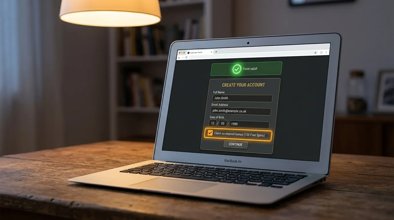 Online casino sign-up form on a laptop with bonus eligibility checkbox highlighted at the bottom