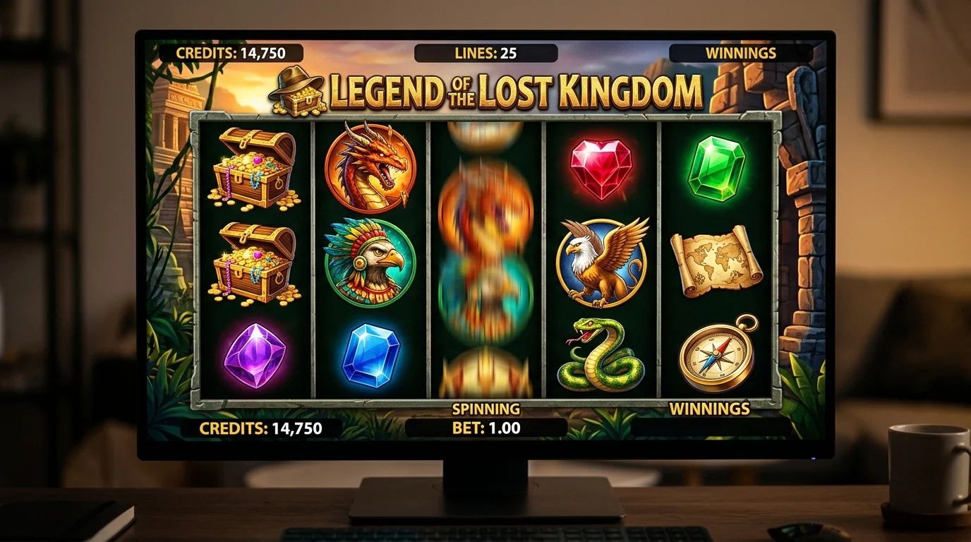 Classic Realtime Gaming-style pokie game in mid-spin with thematic symbols across five reels on a desktop monitor
