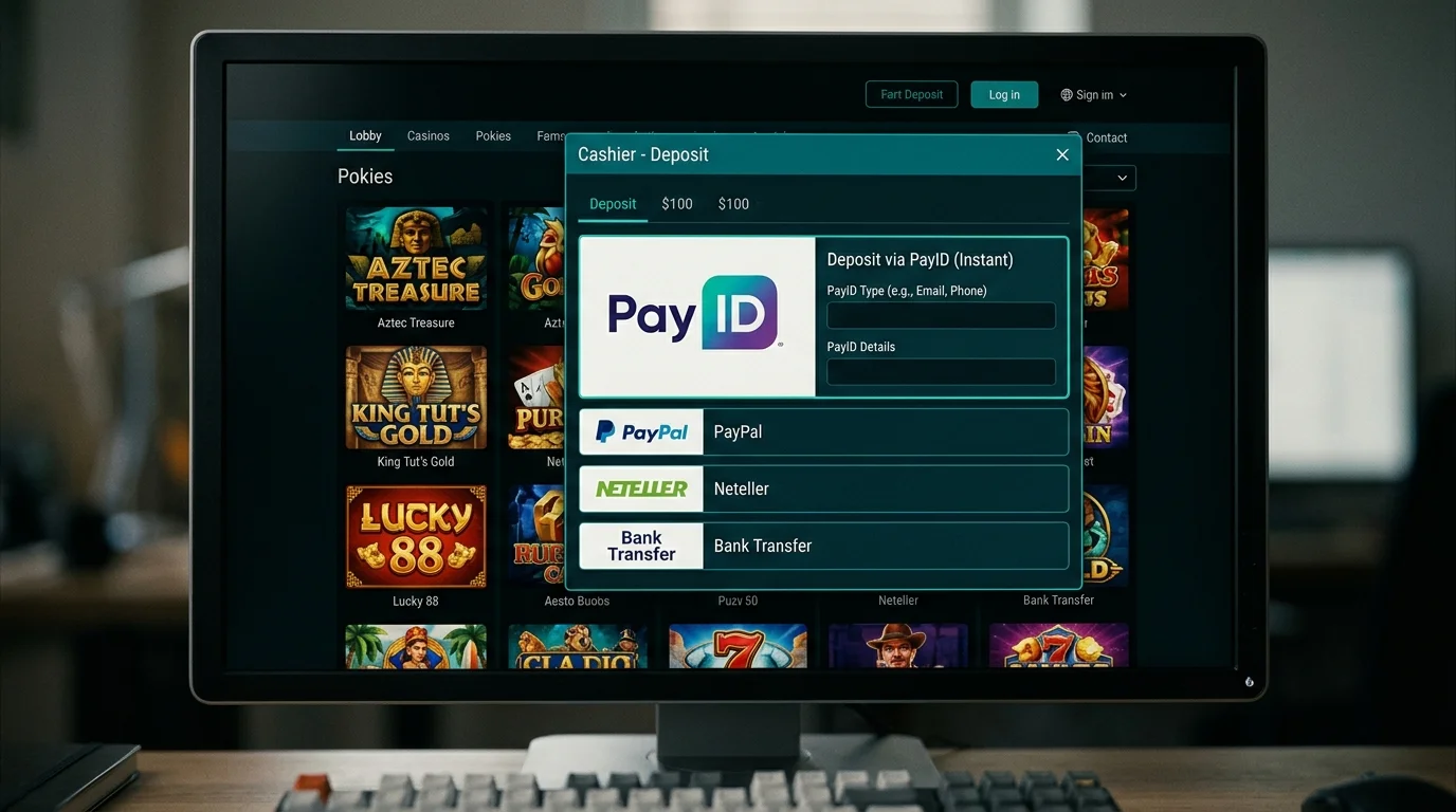 Legacy RTG-anchored casino lobby that survived the POLi shutdown now showing PayID as the primary deposit method