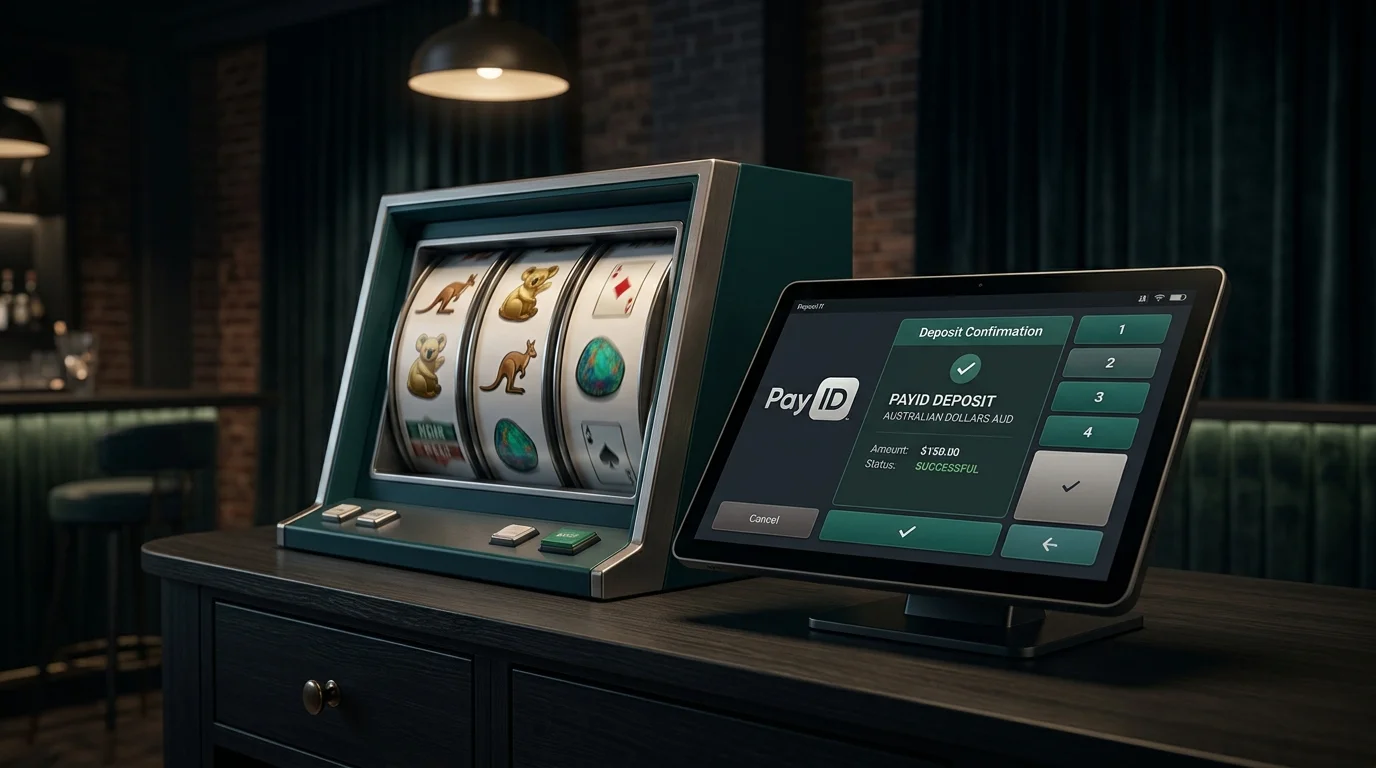 Realtime Gaming-style pokie reels spinning beside a casino cashier showing a PayID deposit confirmation on a dark dashboard