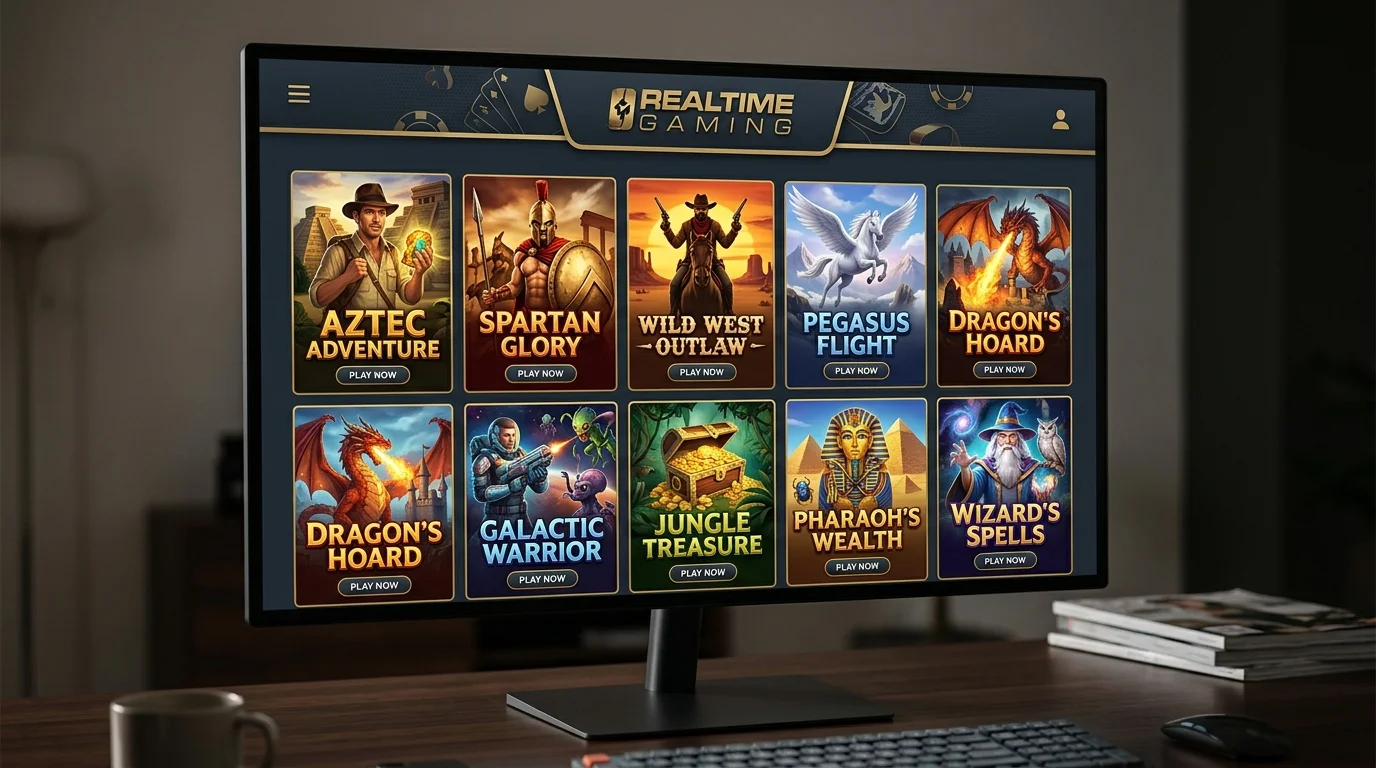 Online casino lobby section featuring Realtime Gaming-style pokie thumbnails with bold thematic artwork