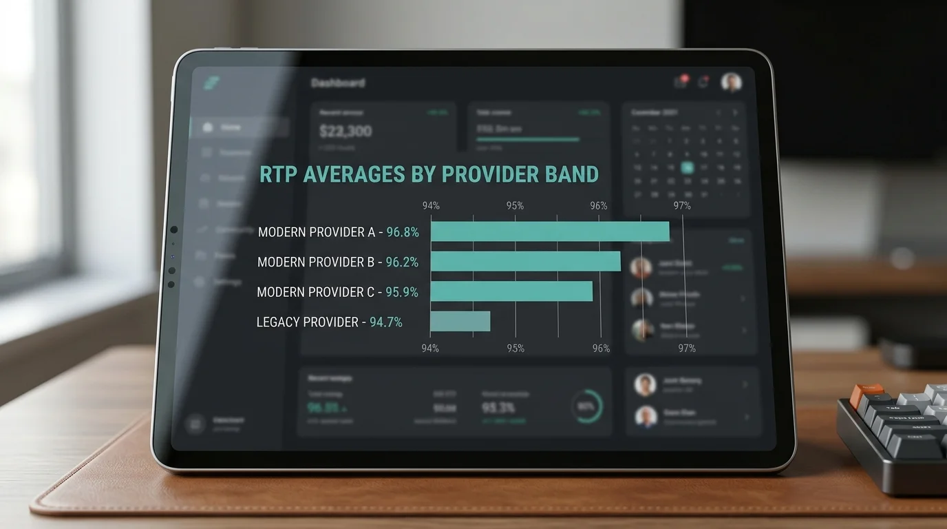 Bar chart comparing typical RTG title RTPs against modern provider averages on a dark editorial dashboard