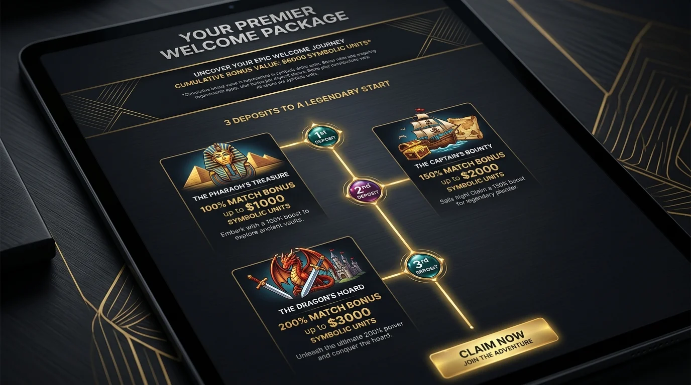 Multi-tier RTG-style welcome package structure showing three deposit matches with progressive bonus values on a dashboard