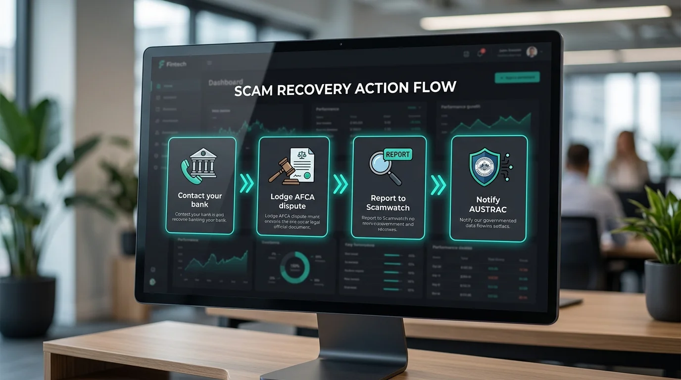 Scam recovery action flow showing the immediate steps to contact bank, AUSTRAC and Scamwatch on a dark dashboard