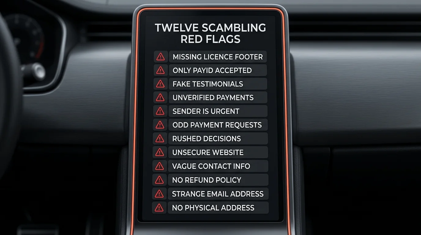 Twelve red-flag checklist for identifying a scambling site on a dark editorial dashboard with warning icons