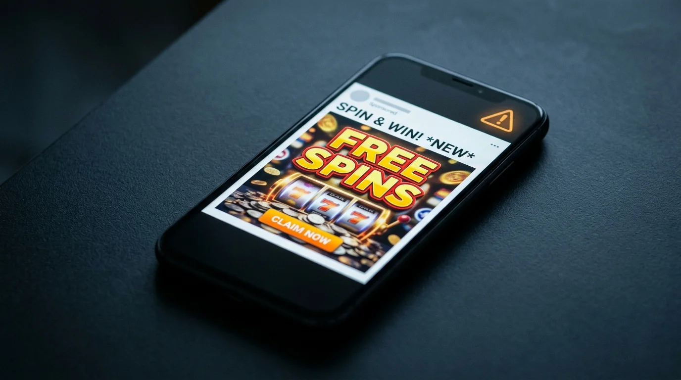 Smartphone screen displaying a suspicious social-media casino advert with a warning triangle overlay, low-key lighting that signals risk.