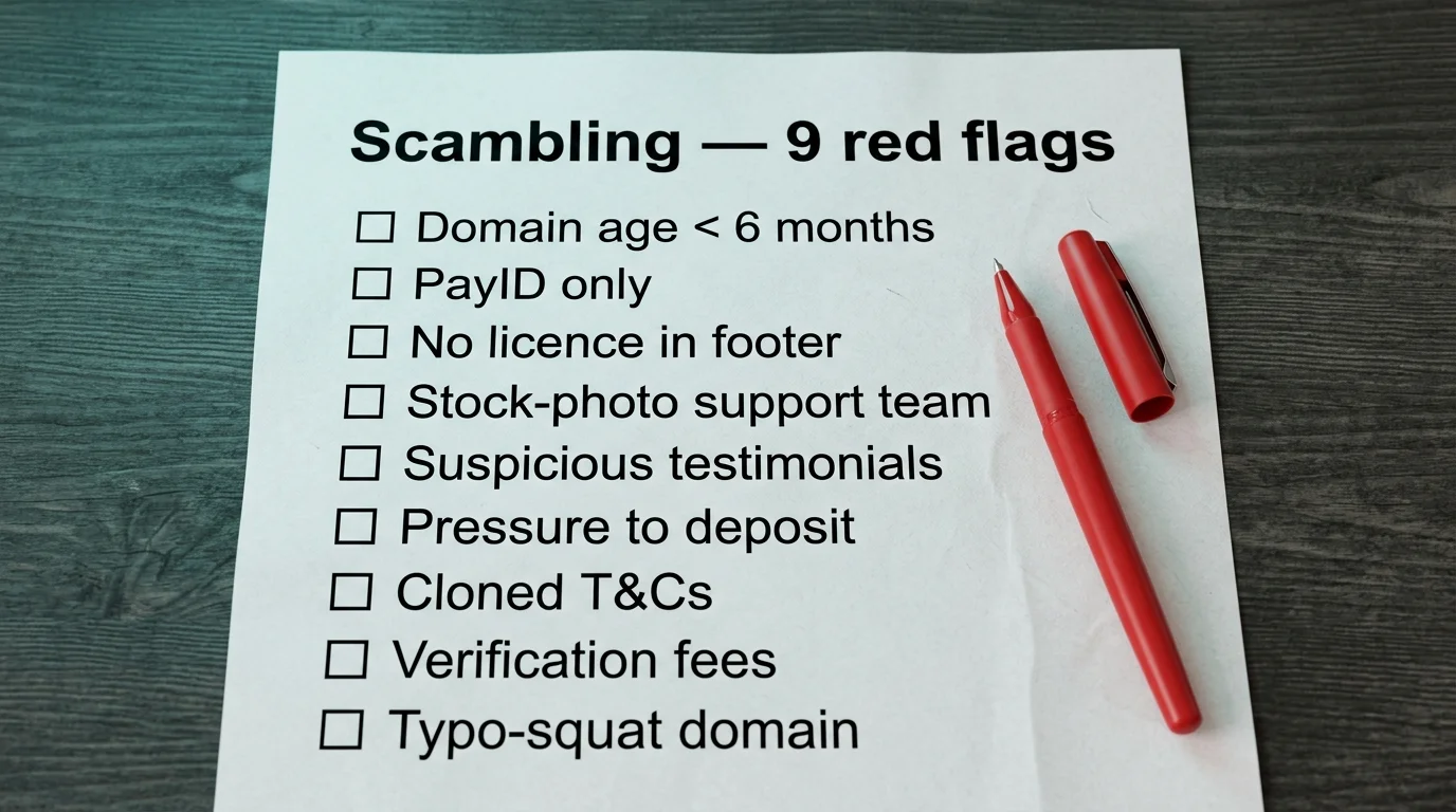 Scambling website red flag checklist with nine warning indicators
