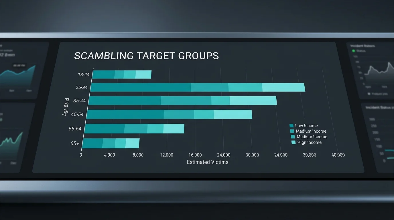 Demographics chart showing scambling target groups by age and income band on a dark editorial dashboard