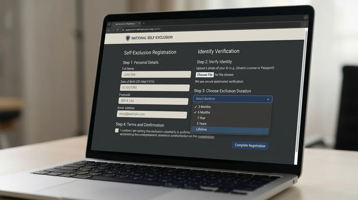National self-exclusion register-style registration form with identity verification fields on a laptop screen