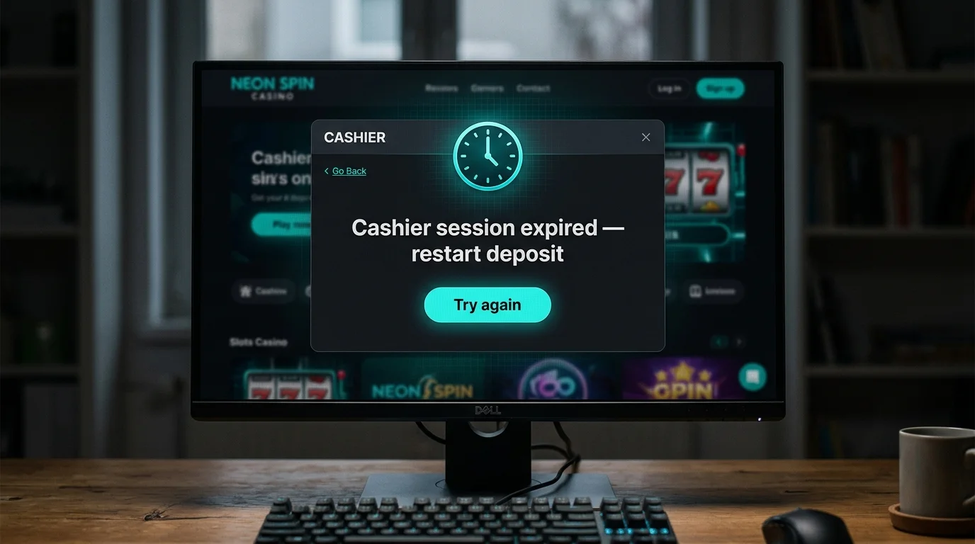 Online casino cashier modal showing that the deposit session expired before the bank confirmation completed