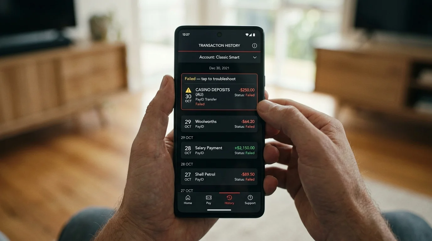 Banking app history showing a silently failed PayID transfer with a tap-to-troubleshoot prompt beneath the entry