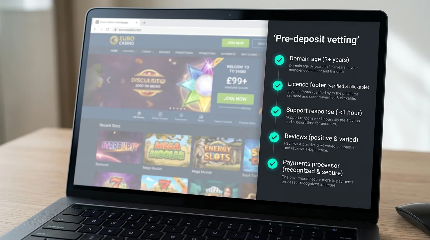Site vetting checklist on a laptop being completed before any deposit is made to an unfamiliar online casino