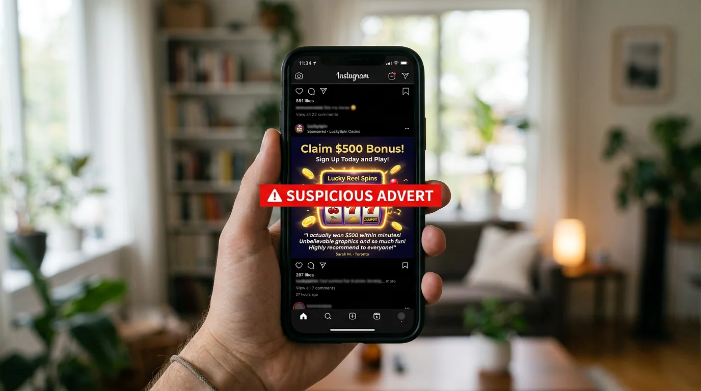 Social media feed with a suspicious casino-style advertisement promising large welcome bonuses to Australian users