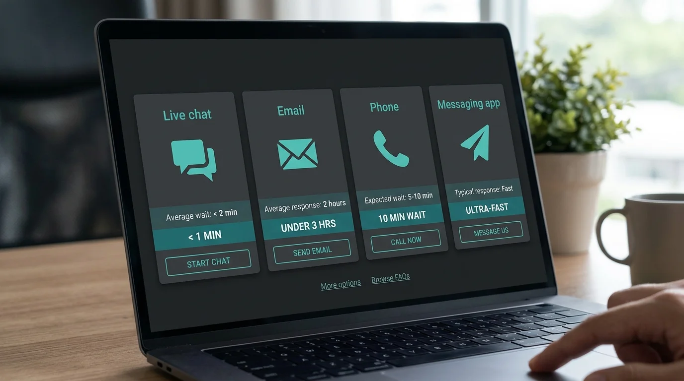 Support channel icons for live chat, email, phone and Telegram on a dark editorial dashboard