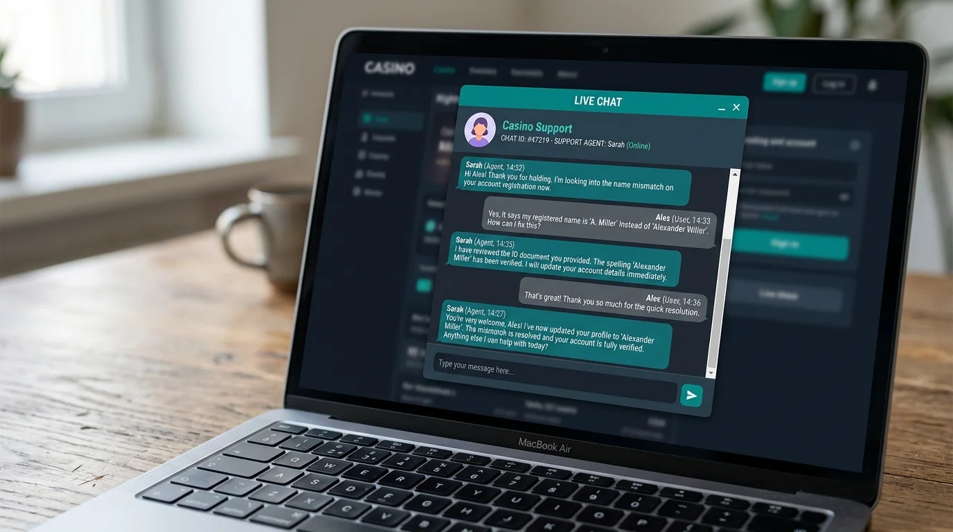 Live chat conversation with online casino support agent resolving a PayID name mismatch escalation on a laptop