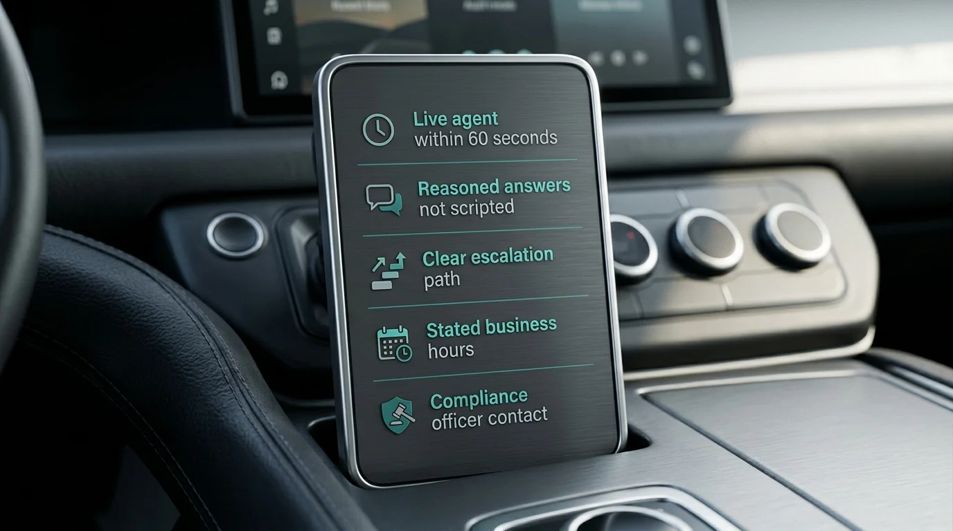 Editorial list of pre-deposit support quality signals on a dark dashboard with green ticks and amber warnings