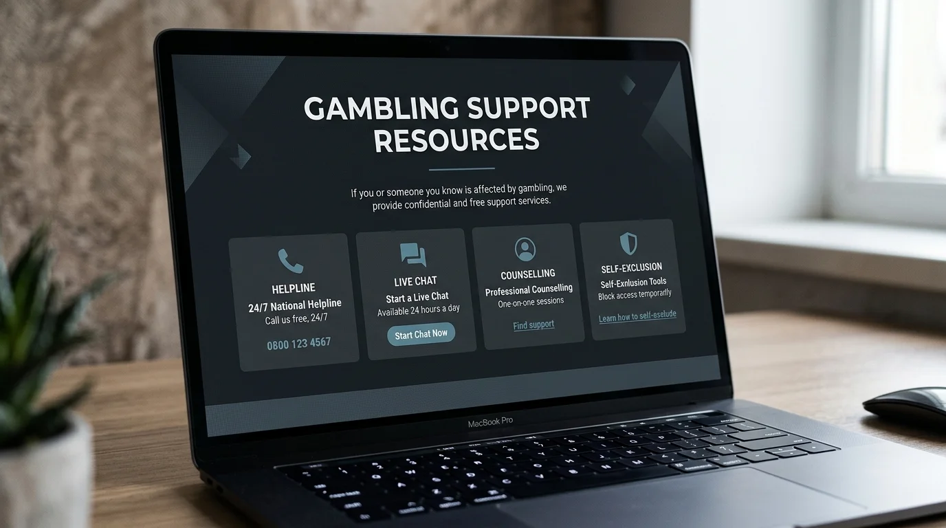 Generic gambling support resources landing page on a laptop screen listing helpline and counselling options
