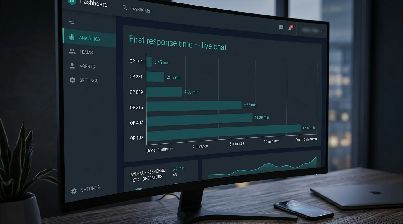 Bar chart benchmarking live chat first-response times across several PayID casinos on a dark editorial dashboard