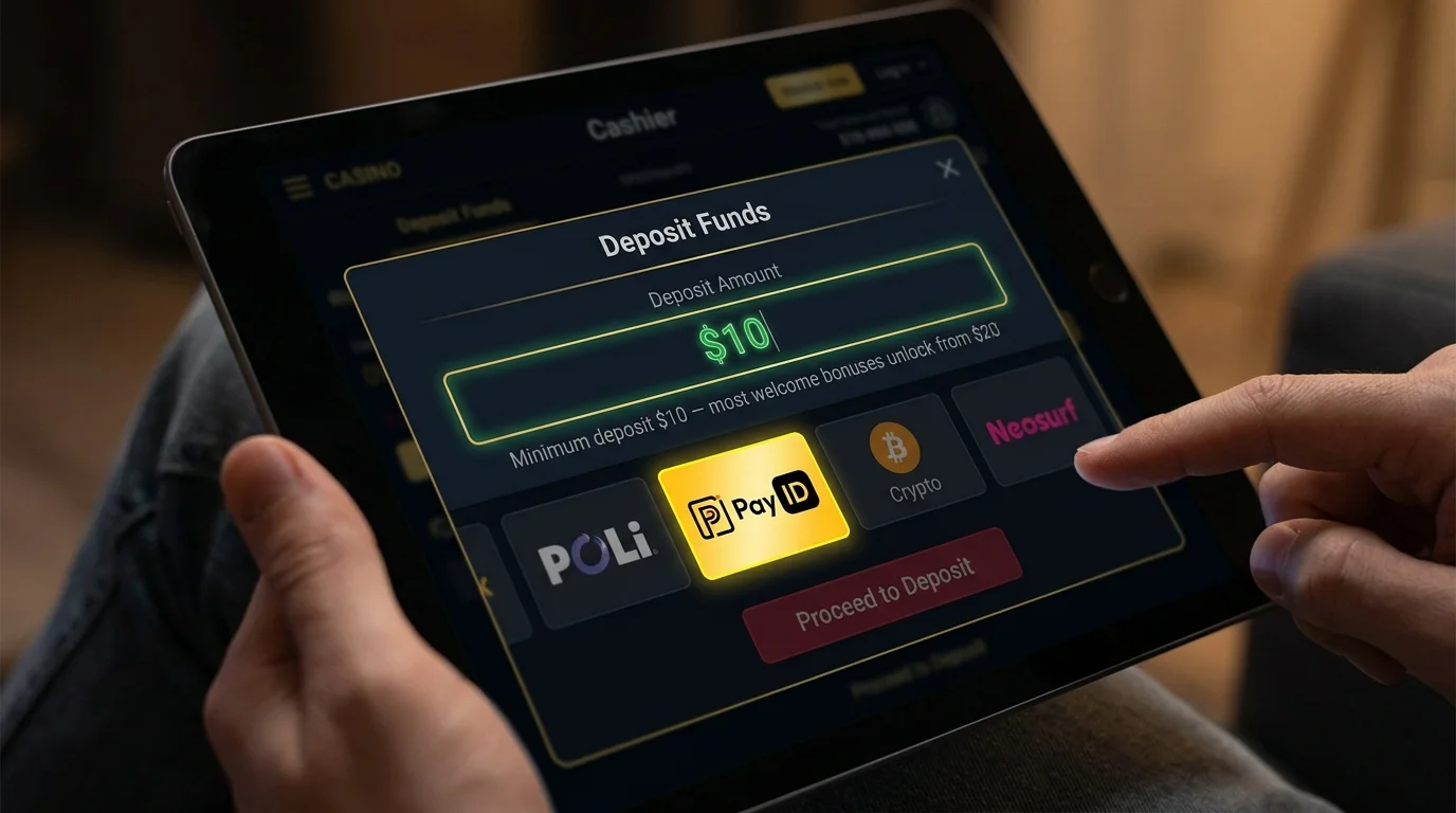 Online casino cashier with a ten-dollar deposit value entered and the PayID payment method tile highlighted