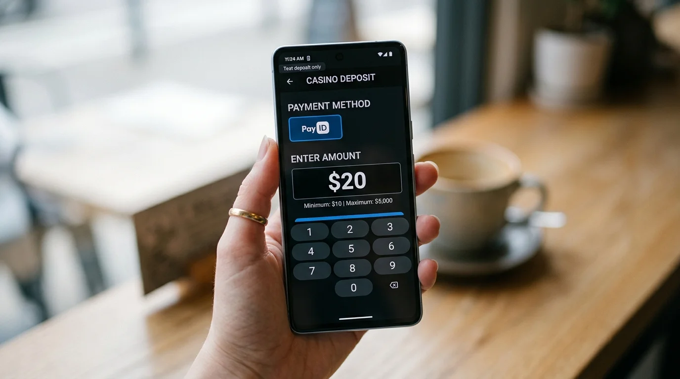 Online casino cashier on a smartphone showing a deliberately small test PayID deposit to a fresh operator