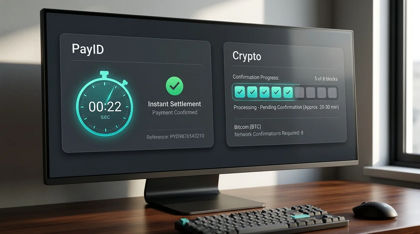 Side-by-side speed test comparing a PayID confirmation in under sixty seconds against a crypto confirmation wait