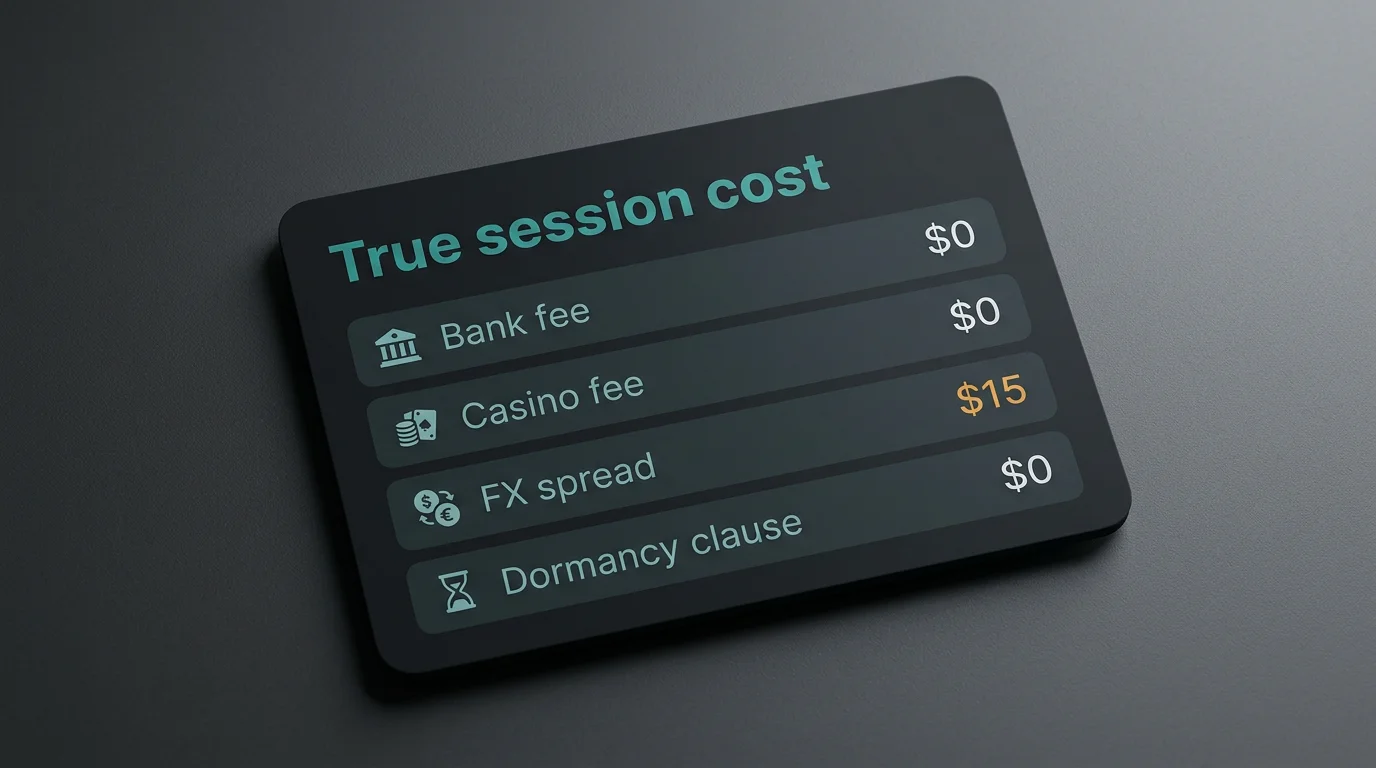 True session cost summary card listing bank fee, casino fee, FX spread and dormancy item on a dark dashboard