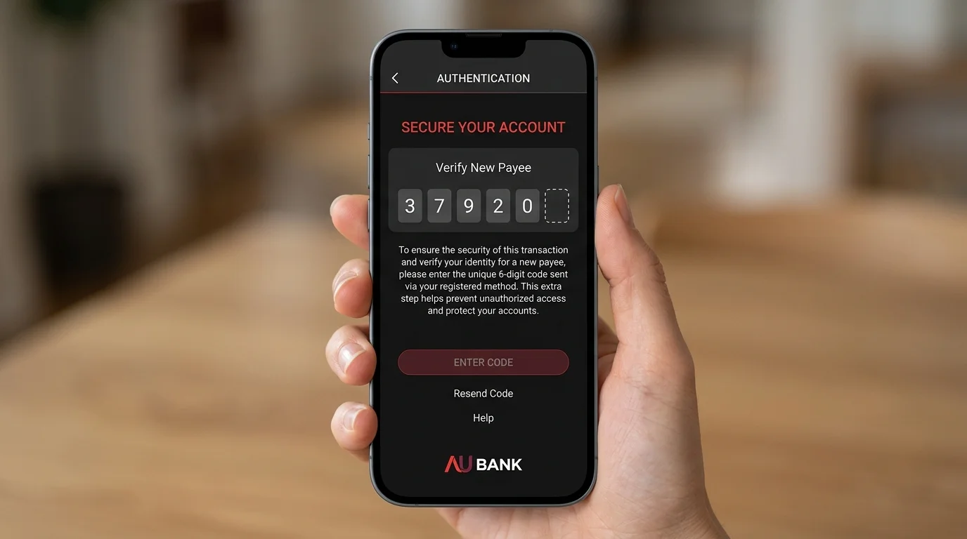 Banking app Verify second-factor code prompt during a first-time casino PayID transfer on a smartphone screen