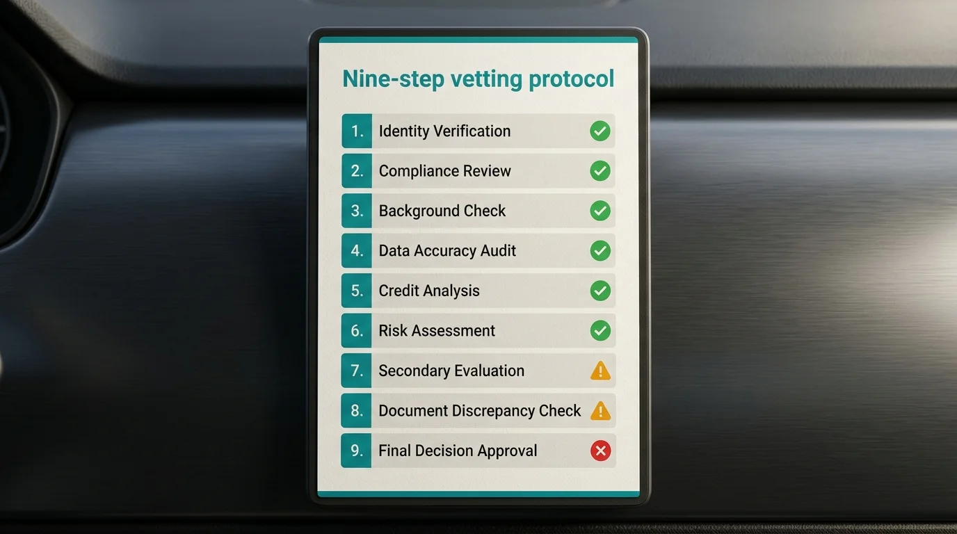 Nine-step vetting checklist on a dark editorial dashboard with mixed ticks and warning icons next to each item