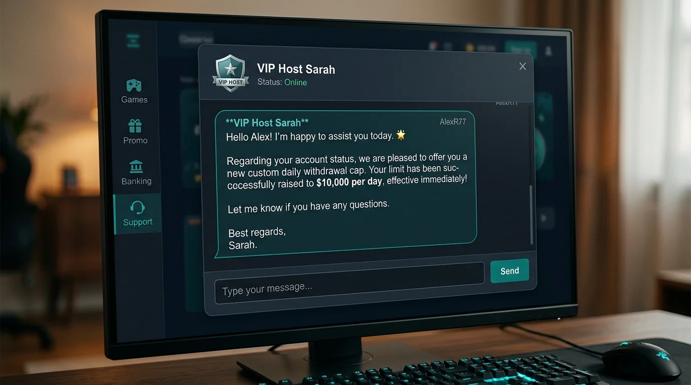 VIP host chat conversation discussing a custom higher daily withdrawal cap with a high-roller account holder