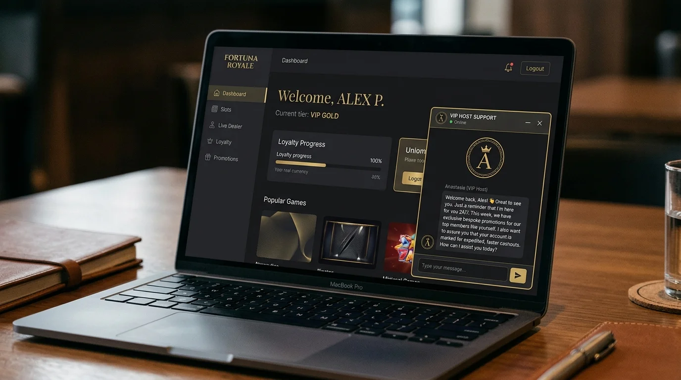 Casino VIP host live chat panel offering personalised promotions and faster withdrawals to a high-roller account