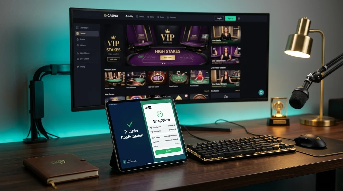 Large PayID deposit confirmation overlay on a tablet beside a high-stakes online casino lobby on a desktop monitor