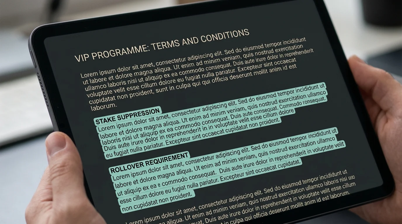 VIP programme terms and conditions page with stake suppression and rollover clauses highlighted in teal