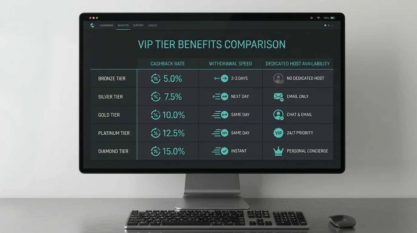 Comparison table of VIP tier benefits across cashback rate, withdrawal speed and dedicated host availability