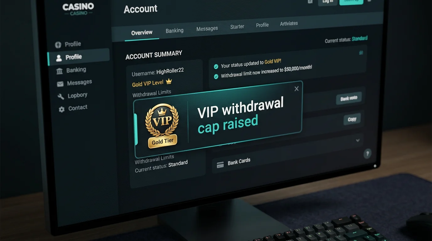 VIP-tier withdrawal cap uplift confirmation message overlaying a casino account dashboard on a desktop monitor