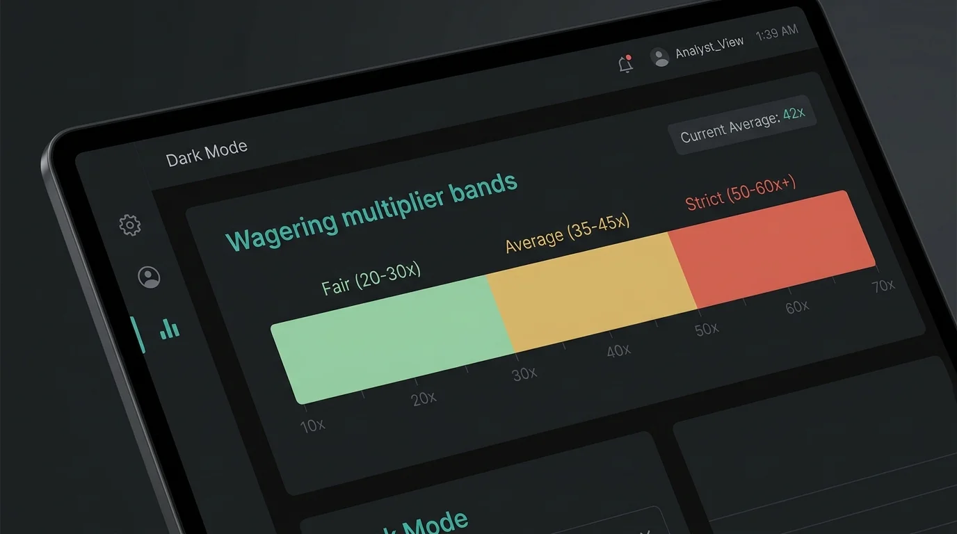 Horizontal range chart showing fair, average and strict wagering multiplier bands on a dark editorial dashboard